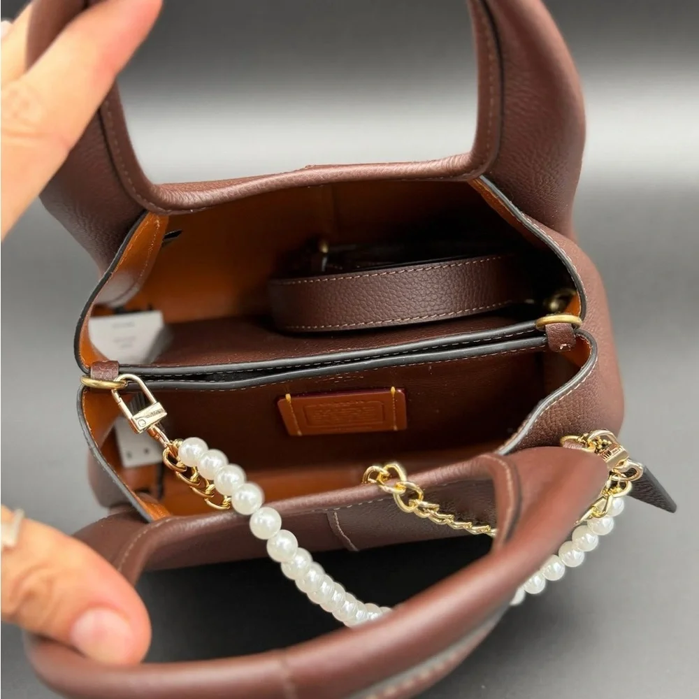 Coach Brown Leather Shoulder Bag with Pearl Chain - Picture 6 of 9